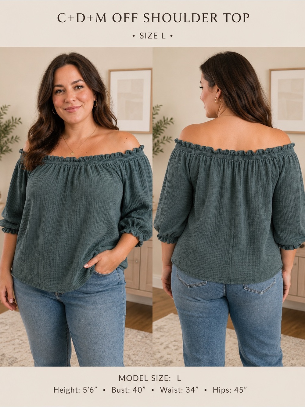 C+D+M Olive Green Boho Gauze Blouse Ruffle Neck Off Shoulder Size L NWOT